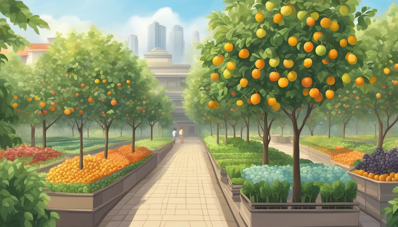 A sunny garden with rows of fruit trees, a sign saying "Choosing the Right Fruit Trees for Your Garden," and a store in the background labeled "Where to Buy Fruit Trees in Singapore."