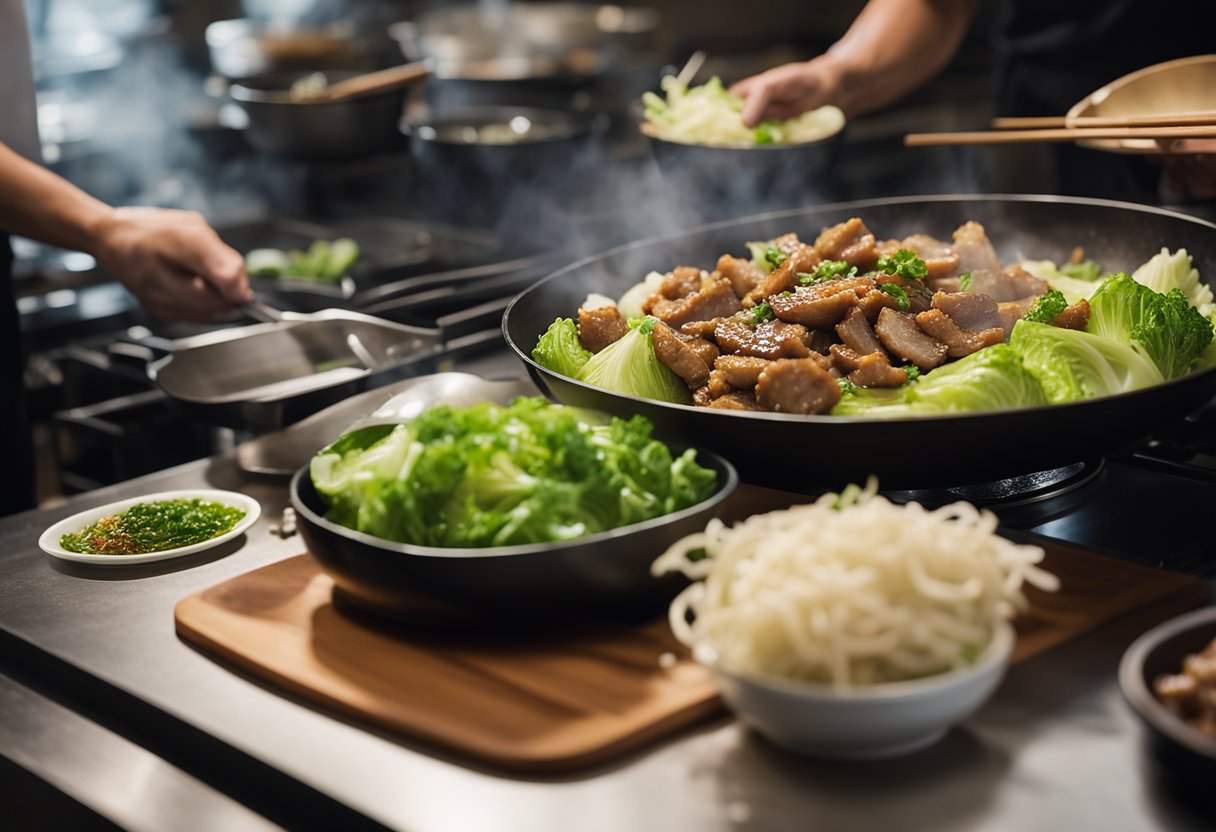 A wok sizzles with stir-fried pork and cabbage, steam rising as the chef adds soy sauce and spices. A stack of cabbage leaves and a bowl of marinated pork sit nearby