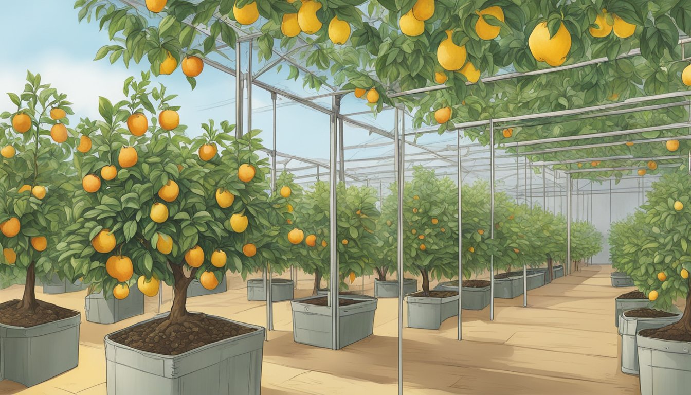 Fruit trees displayed in a nursery with care instructions posted. A sign indicates "Where to Purchase" while another advises "How to Care for Your Fruit Trees."