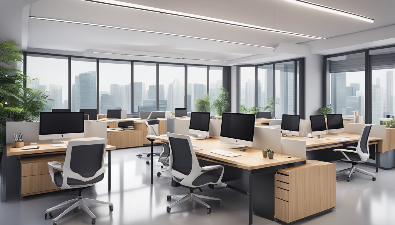 A modern office desk with a sleek design and built-in storage, surrounded by ergonomic office chairs in a well-lit workspace in Singapore