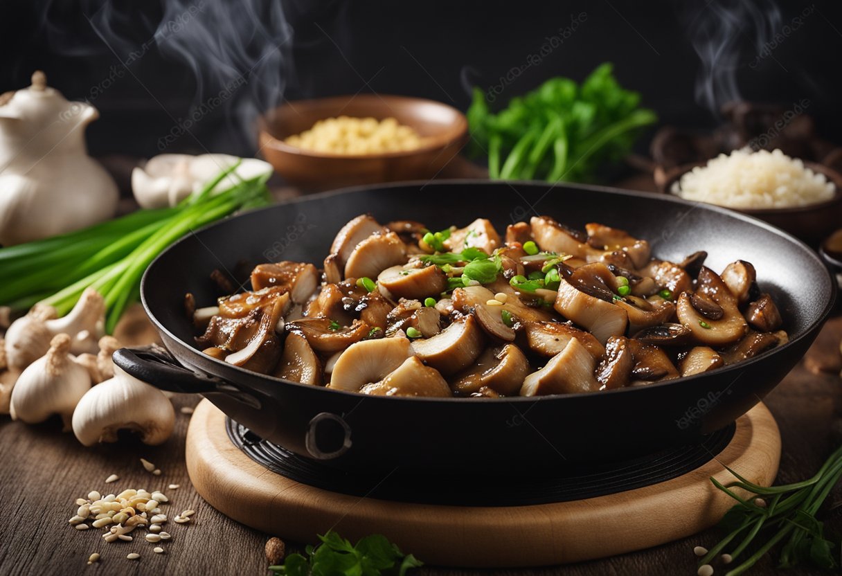 Sizzling pork and mushrooms in a wok, surrounded by aromatic garlic and ginger, with a splash of soy sauce and a sprinkle of green onions