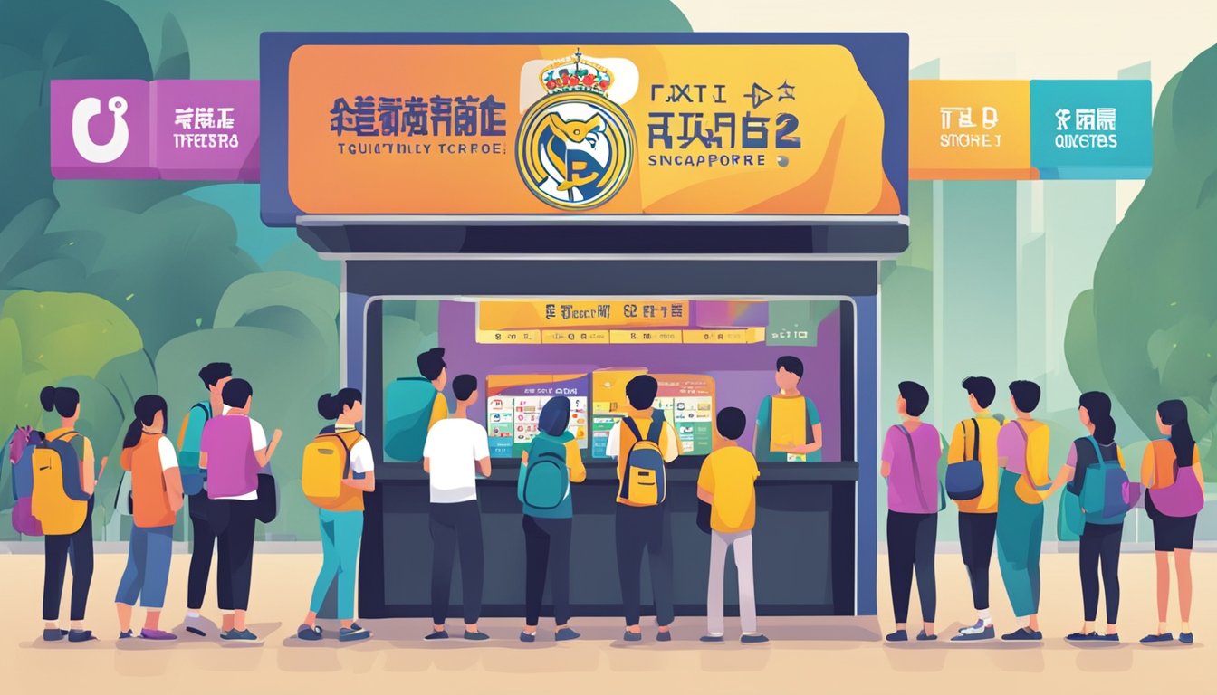 Fans line up at ticket booth, eagerly awaiting their turn. Brightly colored signs display "Frequently Asked Questions" about buying EPL tickets in Singapore
