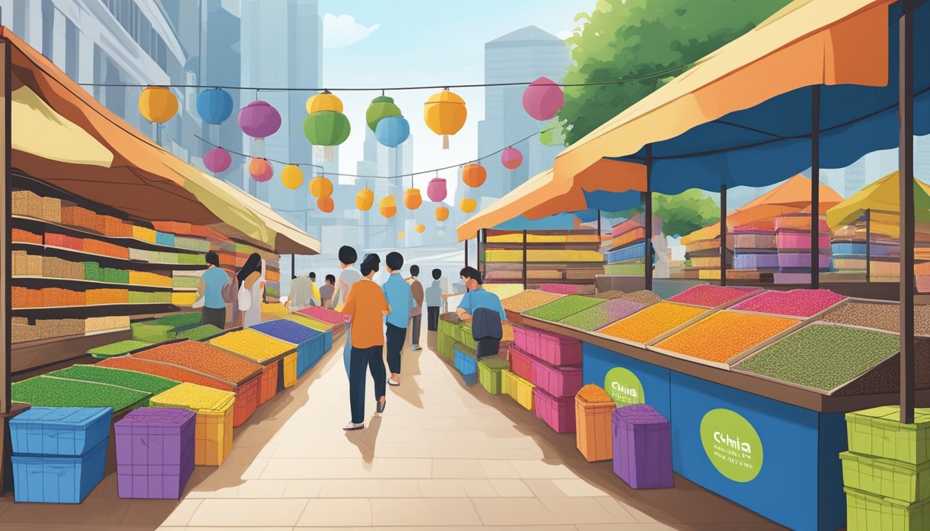 A bustling market stall displays rows of colorful Chia Te boxes in Singapore. The vibrant packaging catches the eye of passersby