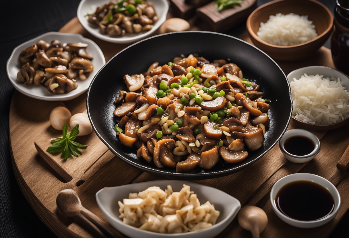 A wok sizzles with diced pork and sliced mushrooms, surrounded by ginger, garlic, and soy sauce bottles