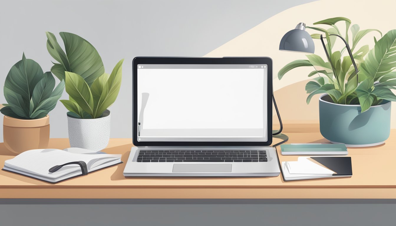 A cluttered desk with a sleek, modern desk organizer, a stylish desk lamp, and a potted plant. A laptop and a notebook are neatly placed on the desk