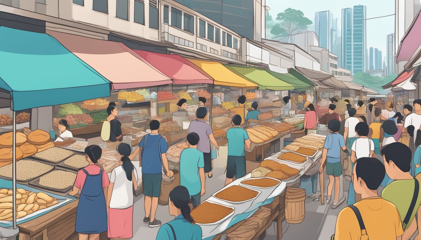 A bustling street market in Singapore with colorful signage and crowds of people, featuring a prominent display of Chia Te Bakery products at a local vendor's stall