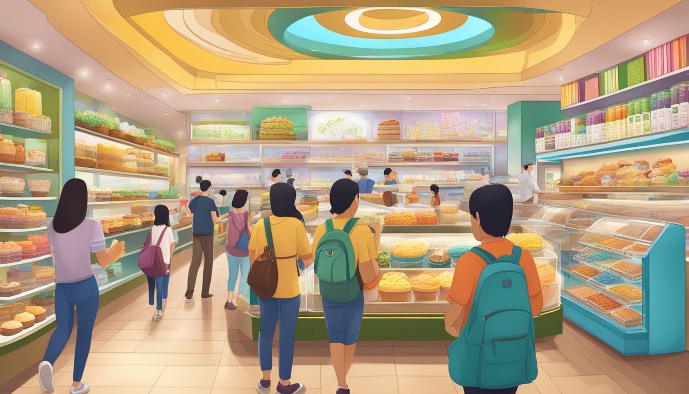 Customers flock to the bustling Chia Te Delicacies store in Singapore, drawn in by the tantalizing aroma of freshly baked goods and the colorful display of delectable treats