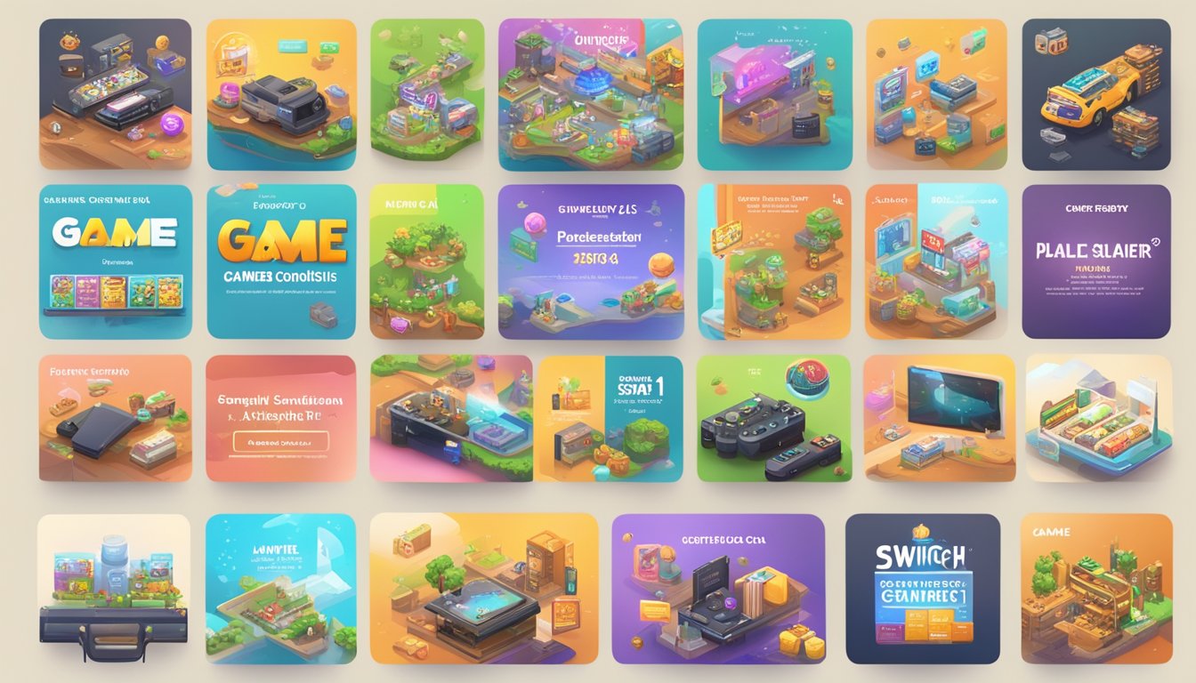 A variety of game genres displayed on a screen, with top titles highlighted and an online shopping cart for purchasing Switch games