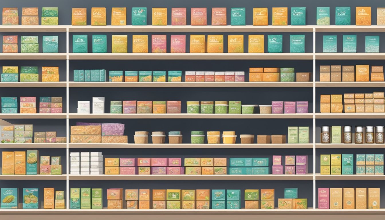 Shelves stocked with chia tea boxes in a Singapore store