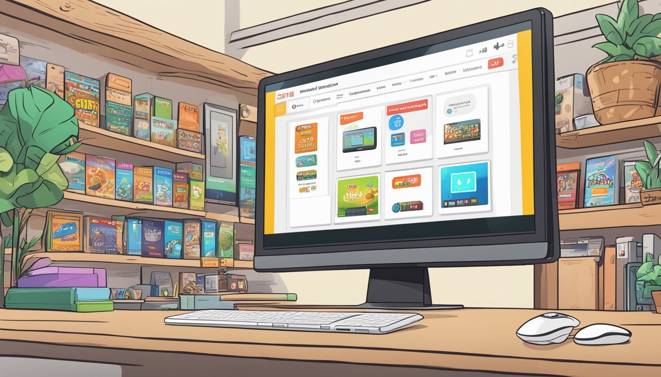 A computer screen displaying an online store with a variety of Nintendo Switch games, a search bar, and a "Frequently Asked Questions" section