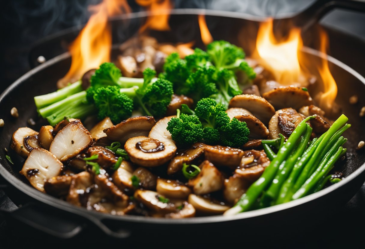 Sizzling pork and mushrooms in a hot wok, steam rising, with vibrant green vegetables and aromatic spices nearby