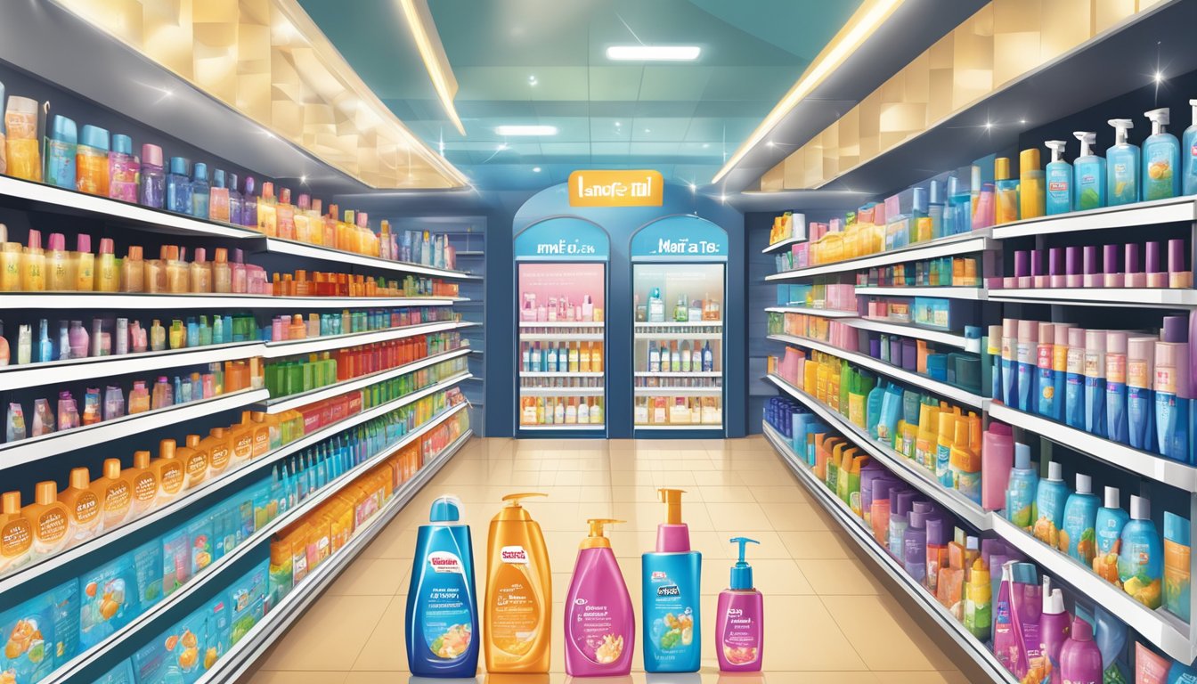 A bustling store shelf displays Mane 'n Tail shampoo in Singapore. Shiny bottles catch the light, surrounded by other hair care products