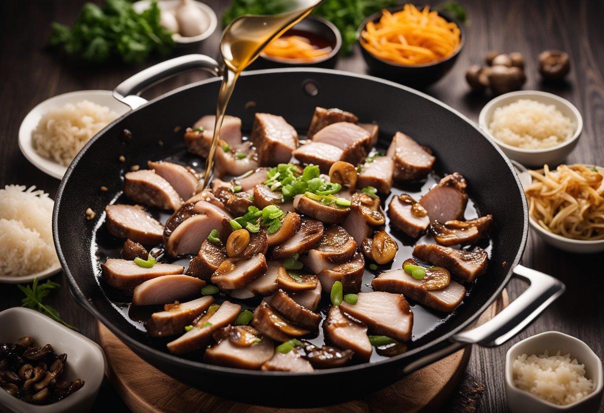 Pork slices sizzling in a wok with mushrooms, garlic, and ginger. Soy sauce and oyster sauce being poured in
