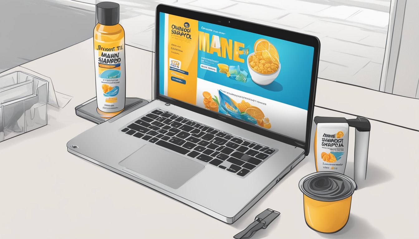 A laptop displaying an online shopping platform with the Mane 'n Tail shampoo available for purchase in Singapore