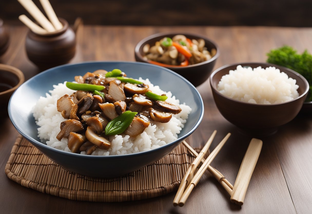 A steaming plate of Chinese pork and mushroom stir-fry sits next to a bowl of fluffy white rice. A pair of chopsticks rests on the side, ready to dig in