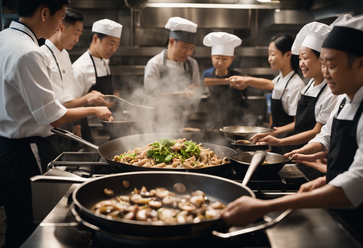 A chef stirring pork and mushrooms in a sizzling wok, while a group of curious onlookers watch intently