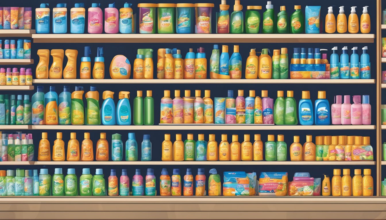 Shelves of a Singaporean store stocked with Mane 'n Tail shampoo bottles