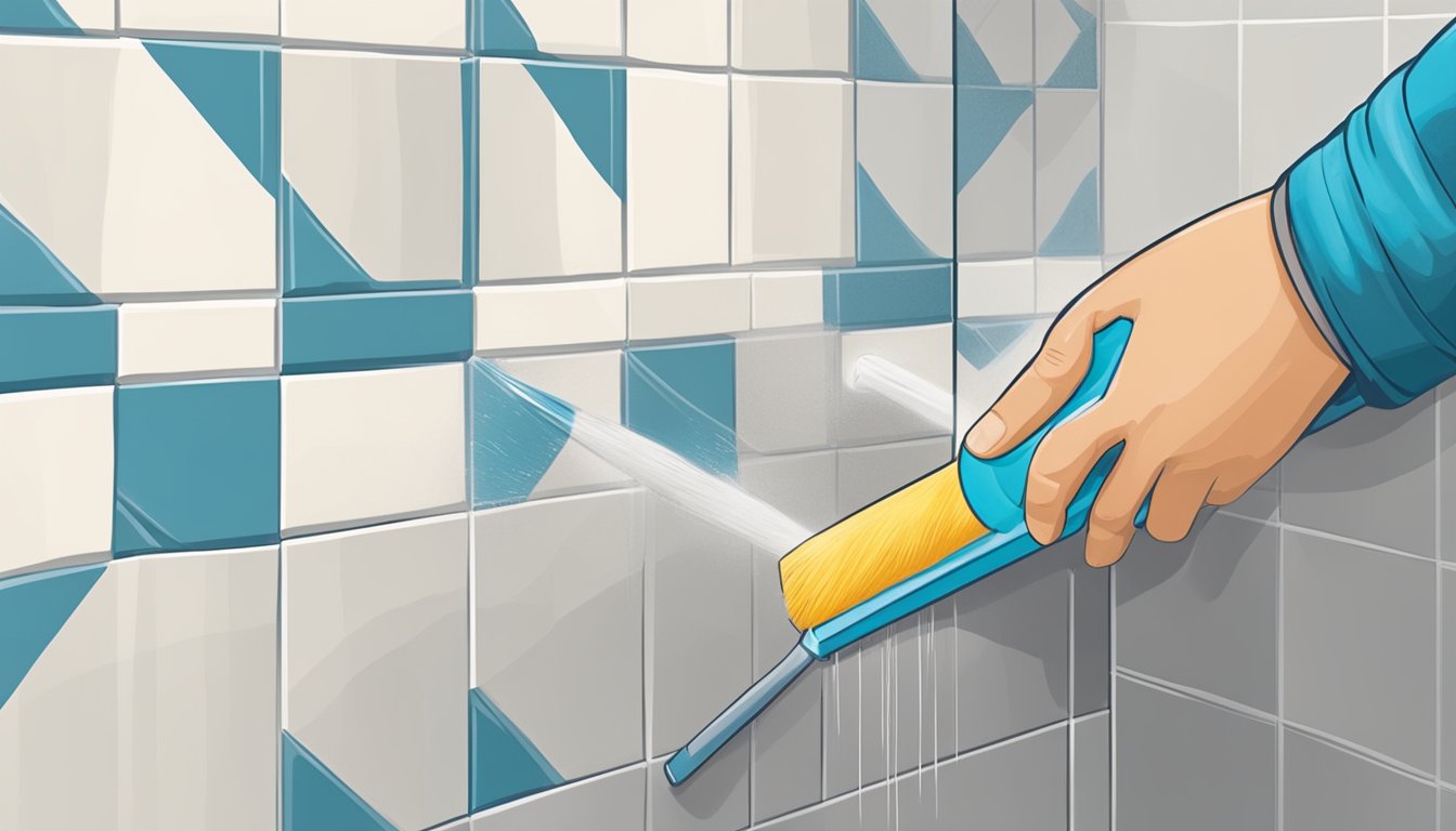 A person carefully applying grout sealer to the tile joints in a bathroom, ensuring full coverage and protection. The sealer is being applied with a small brush, with the excess being wiped away with a clean cloth