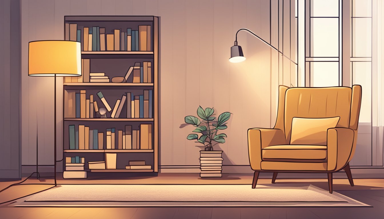 A cozy living room with a modern floor lamp casting a warm glow next to a comfortable armchair and a stack of books