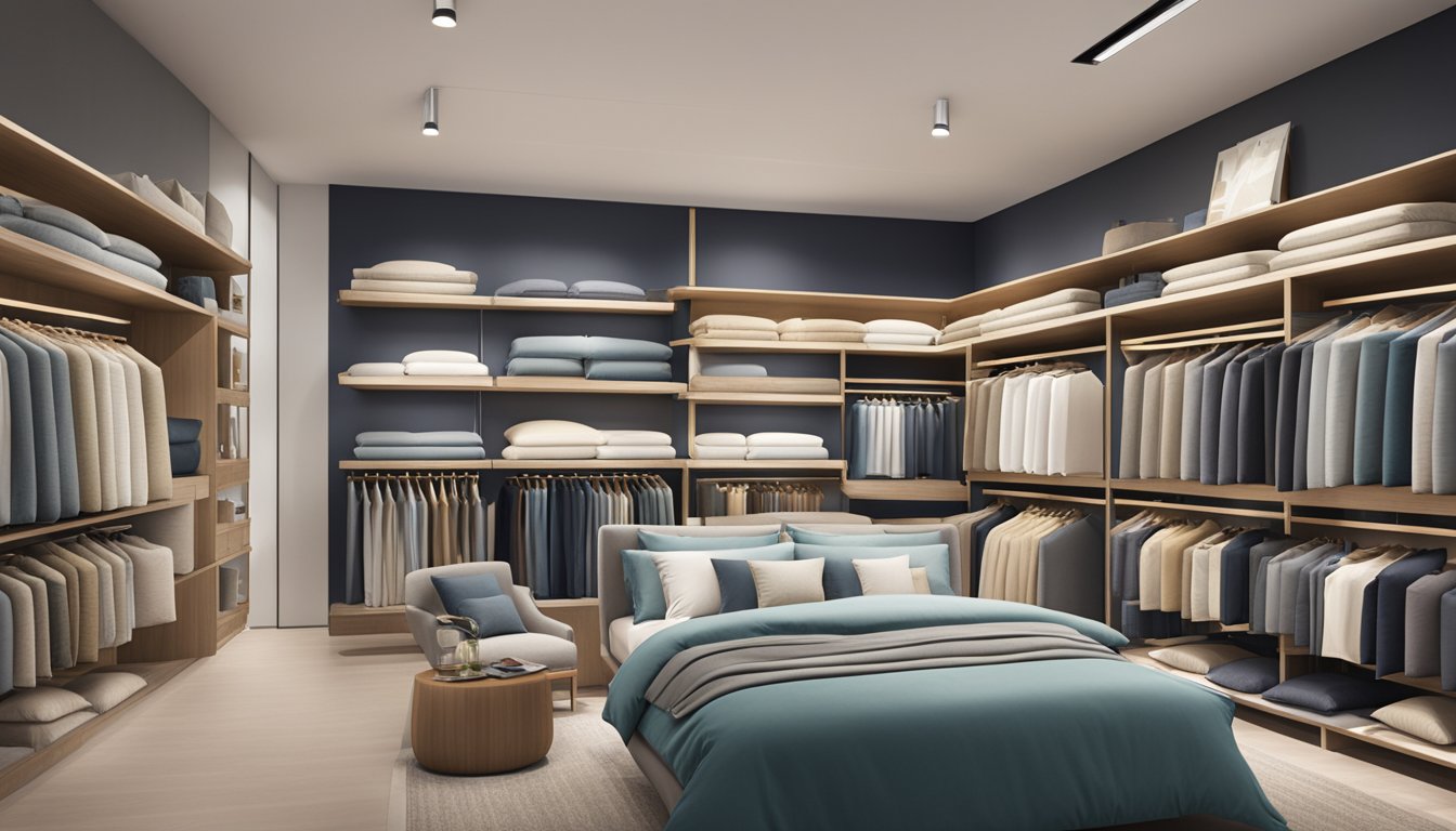 A modern, well-lit bedding store in Singapore, with shelves neatly displaying Tempur pillows in various sizes and styles