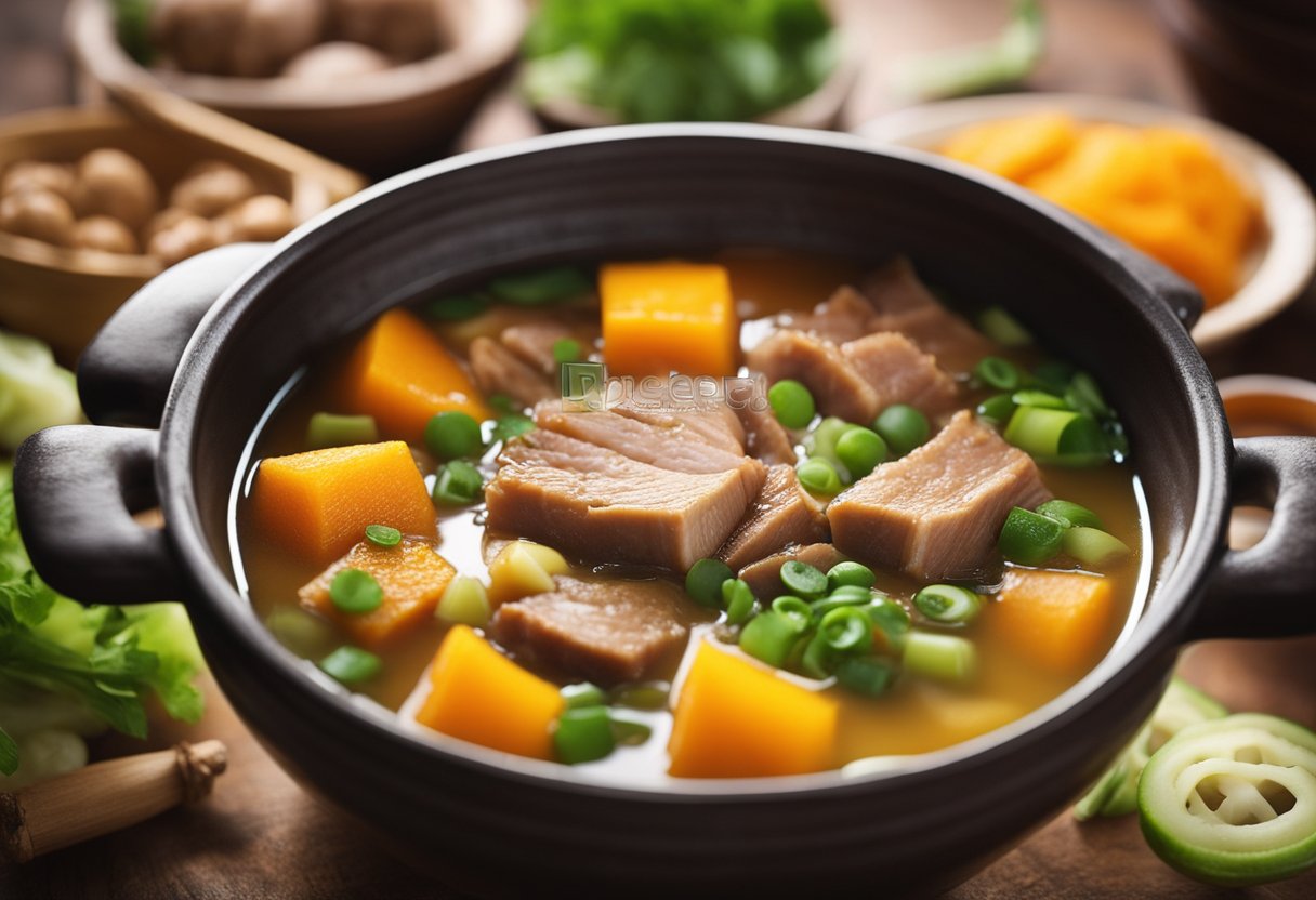 A pot of simmering Chinese pork and squash soup with floating chunks of meat and vegetables, surrounded by traditional Chinese ingredients like ginger and green onions