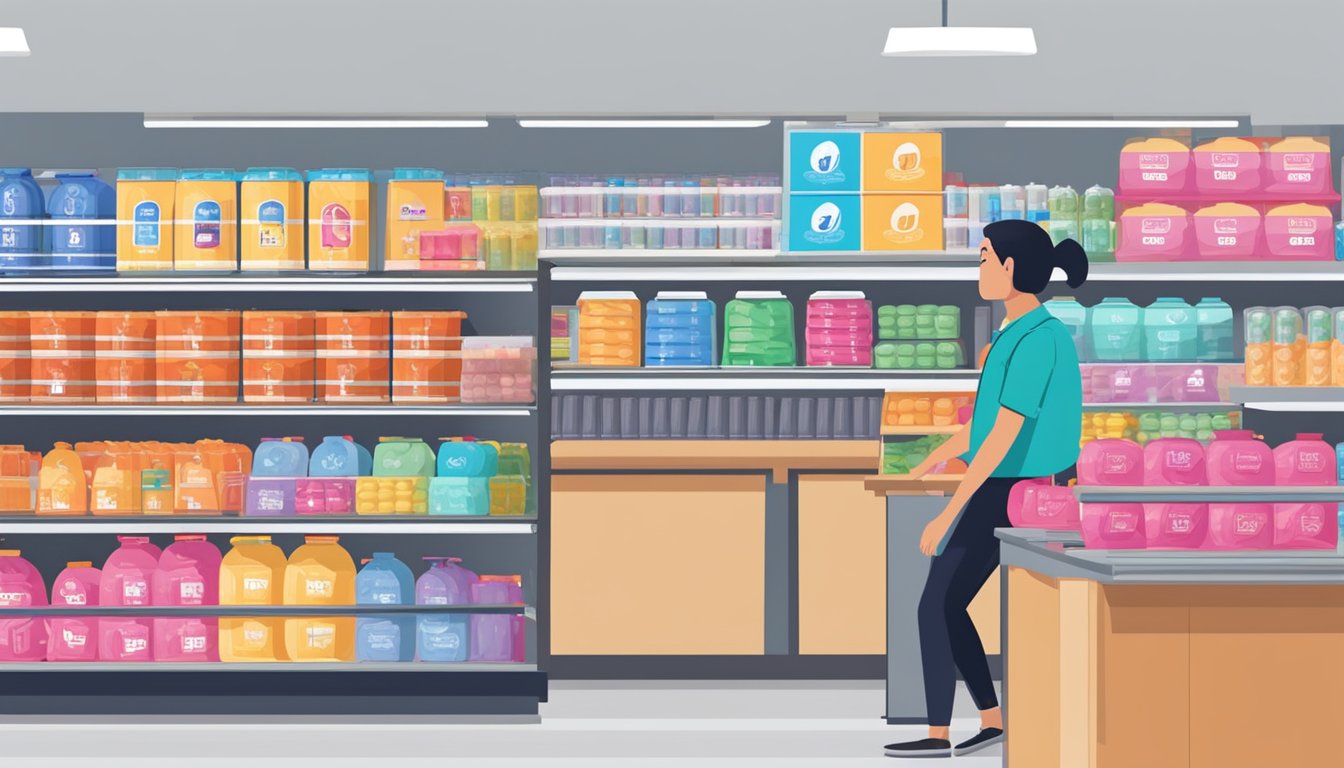 A person purchasing helium tanks at a store in Singapore. The tanks are neatly stacked on shelves, with a cashier at the counter. A sign indicates the price per tank