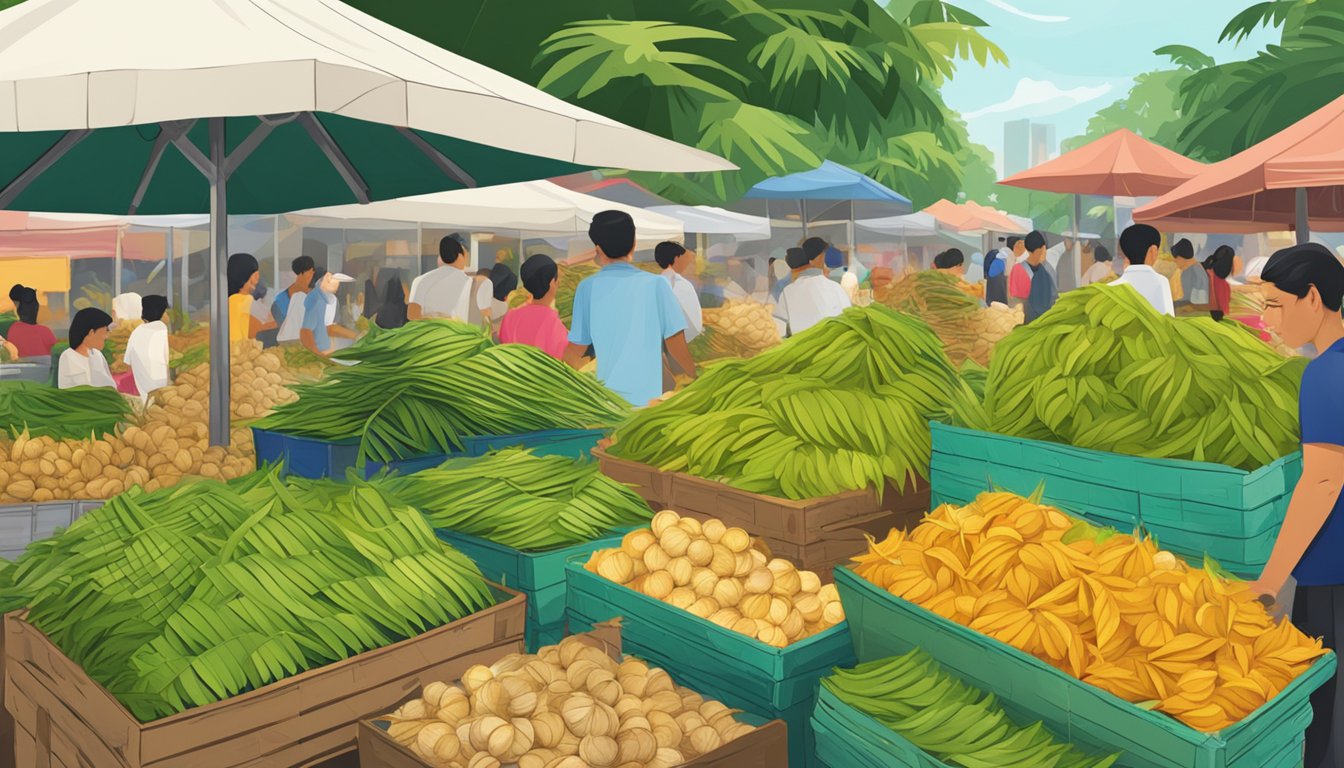A bustling market stall in Singapore, filled with vibrant coconut leaves neatly stacked and ready for purchase