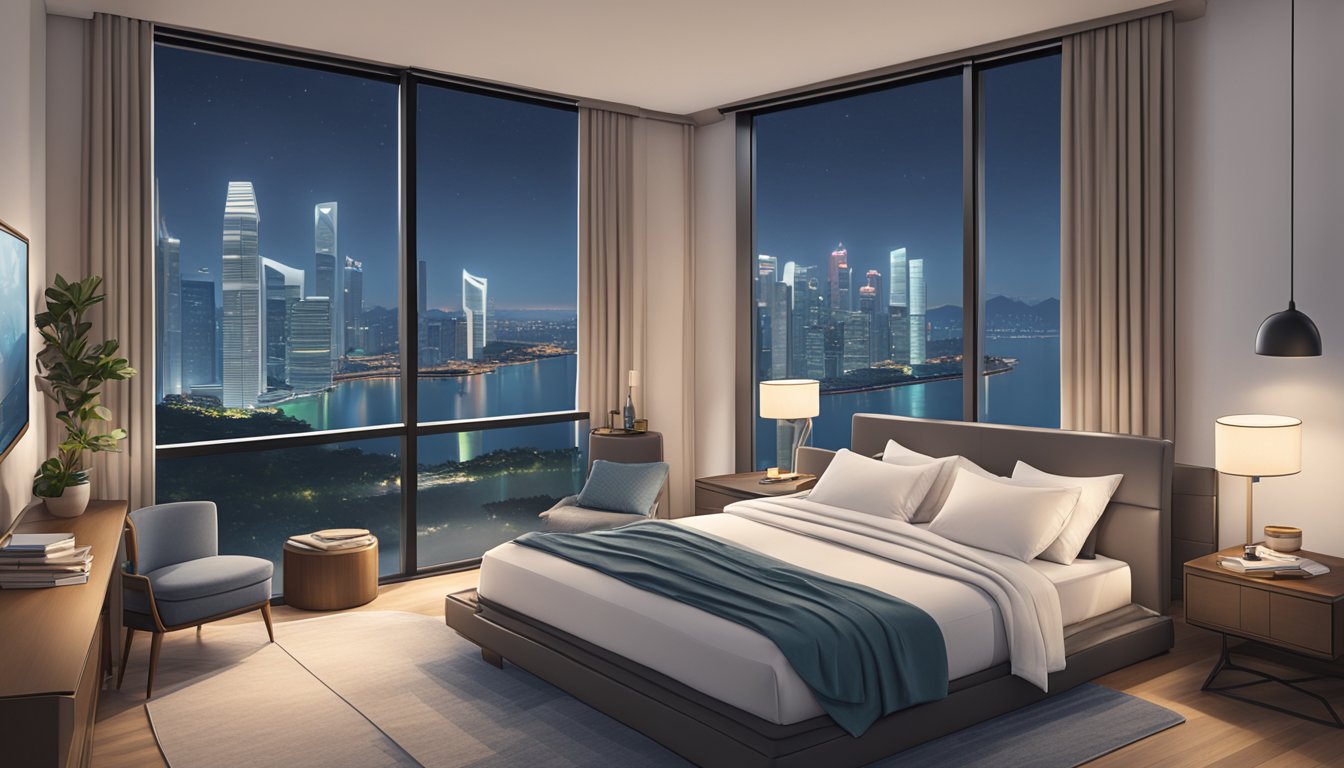 A cozy bedroom with a modern bed and nightstand, showcasing a stack of Tempur pillows with the Singapore skyline visible through the window