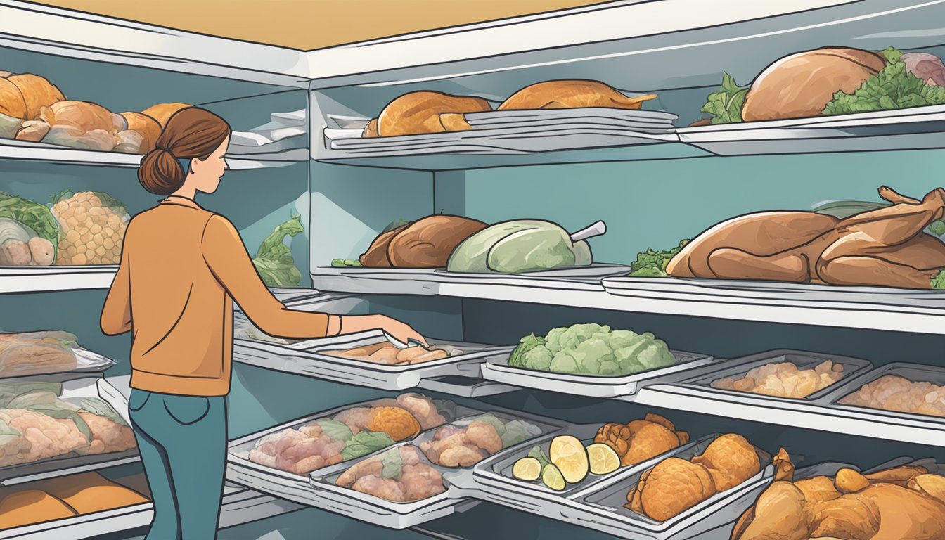 A person reaching into a freezer, selecting a frozen turkey from a pile of options