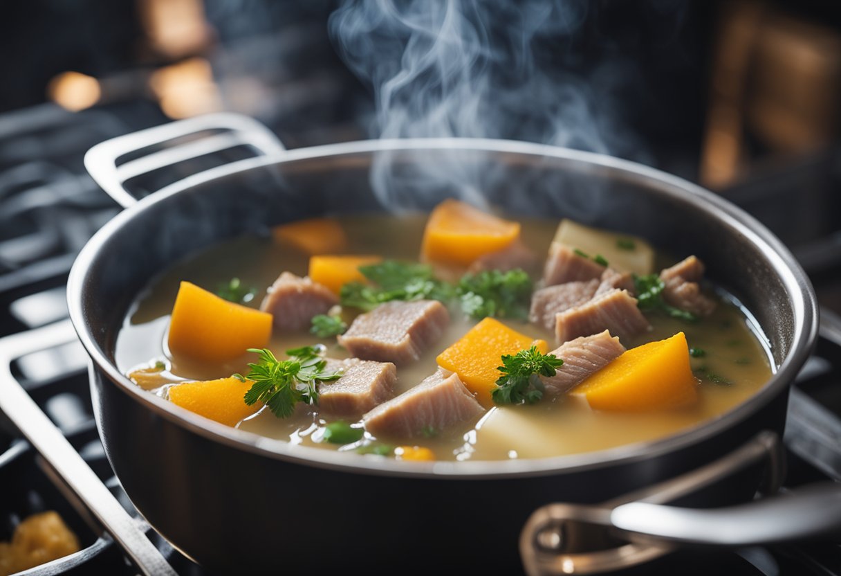 A steaming pot of Chinese pork and squash soup simmering on a stove, with aromatic herbs and spices floating in the air