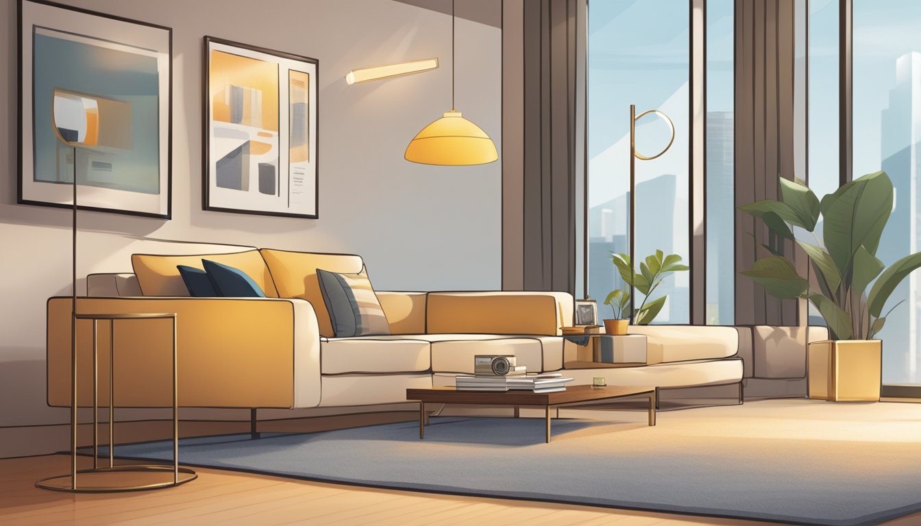 An elegant floor lamp stands in a modern Singaporean living room, casting a warm glow. A stack of FAQ cards sits nearby, ready to assist customers