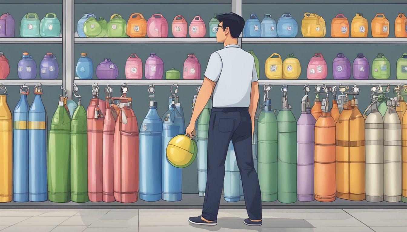 A person holding a helium tank in one hand, while comparing different options at a store in Singapore