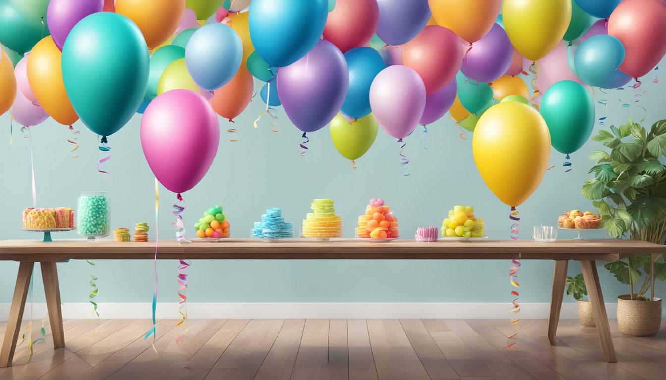 Colorful helium balloons floating in the air, tied to a table with a "Helium Balloons for Every Occasion" sign. Buy helium in Singapore
