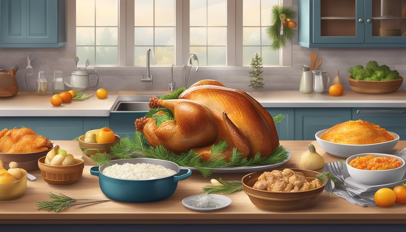 A kitchen counter with a frozen turkey, surrounded by ingredients and cooking utensils, with a festive table setting in the background