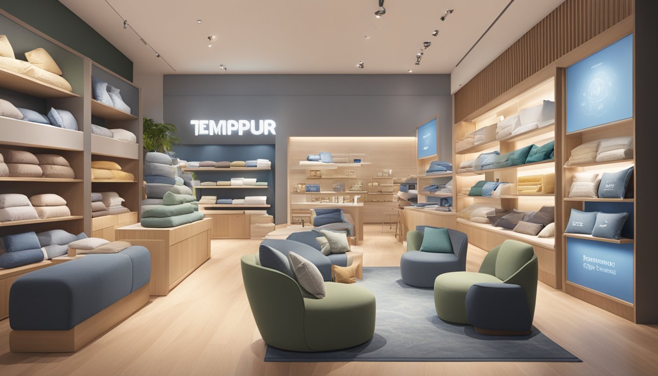 A brightly lit store in Singapore showcases Tempur pillows with a prominent "Frequently Asked Questions" display. Customers browse the selection