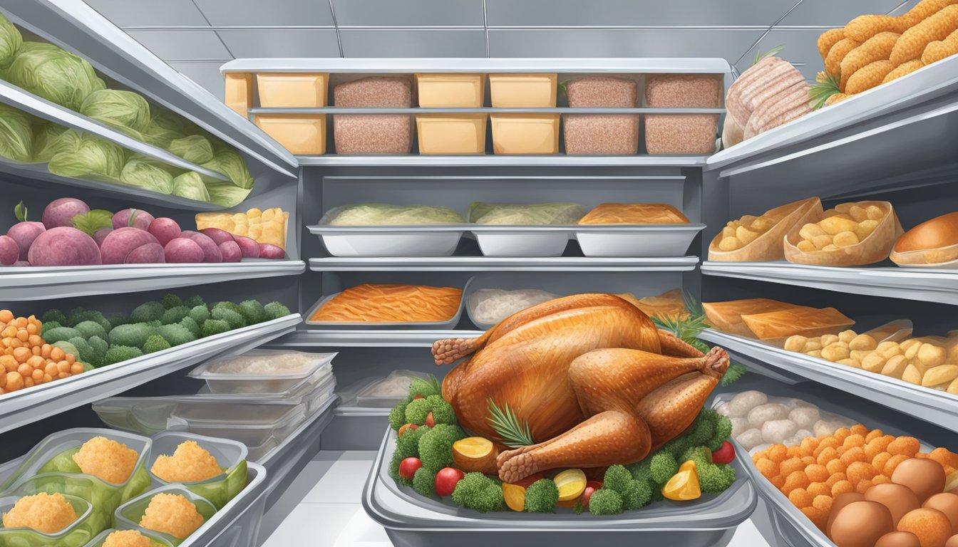 A frozen turkey surrounded by various frozen food items in a supermarket freezer section