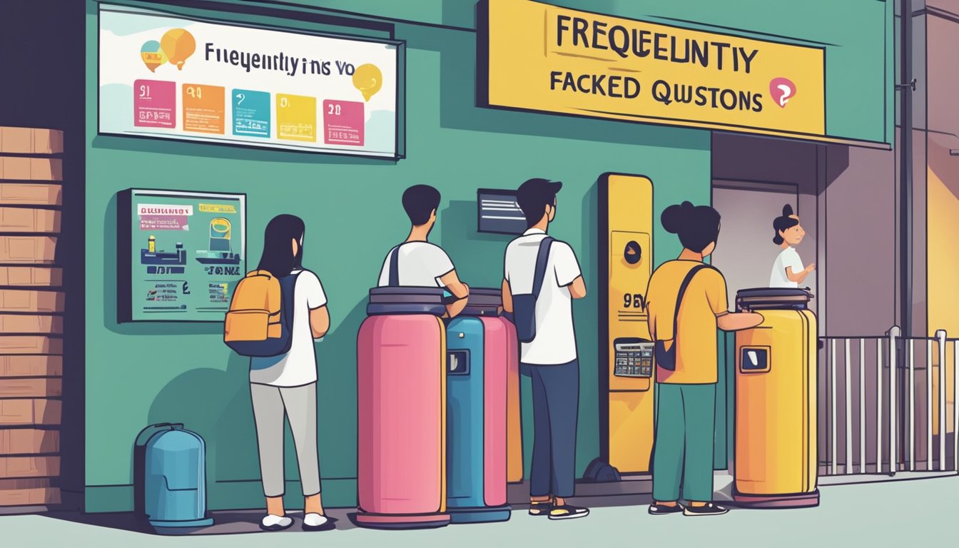 Customers line up at a helium tank station in Singapore, with a sign reading "Frequently Asked Questions" prominently displayed