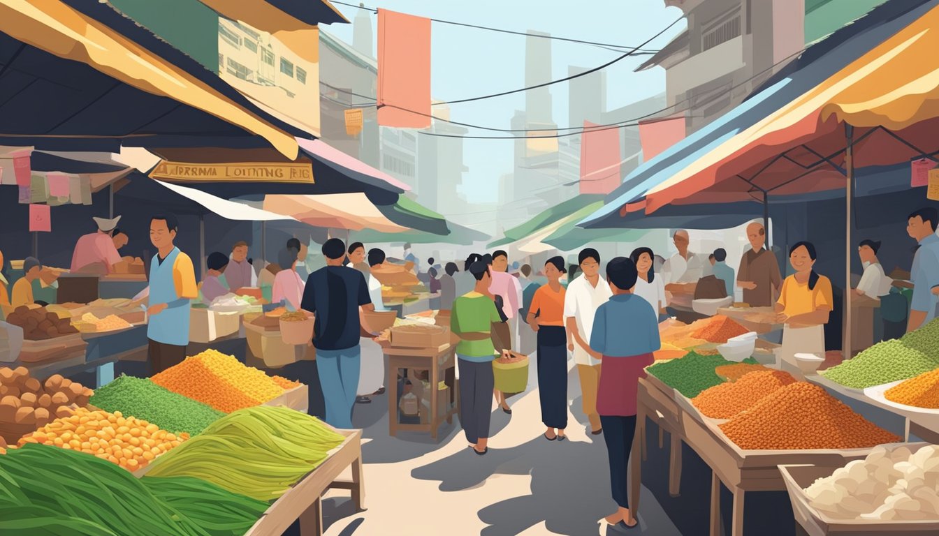 A bustling Singaporean market with colorful stalls selling lontong rice, surrounded by eager customers and the aroma of spices