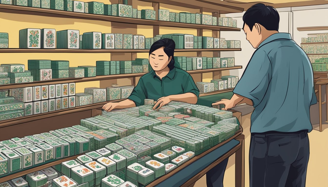 Customers browsing mahjong sets in a Singaporean shop, with various designs and sizes on display. A salesperson assists a customer with their purchase