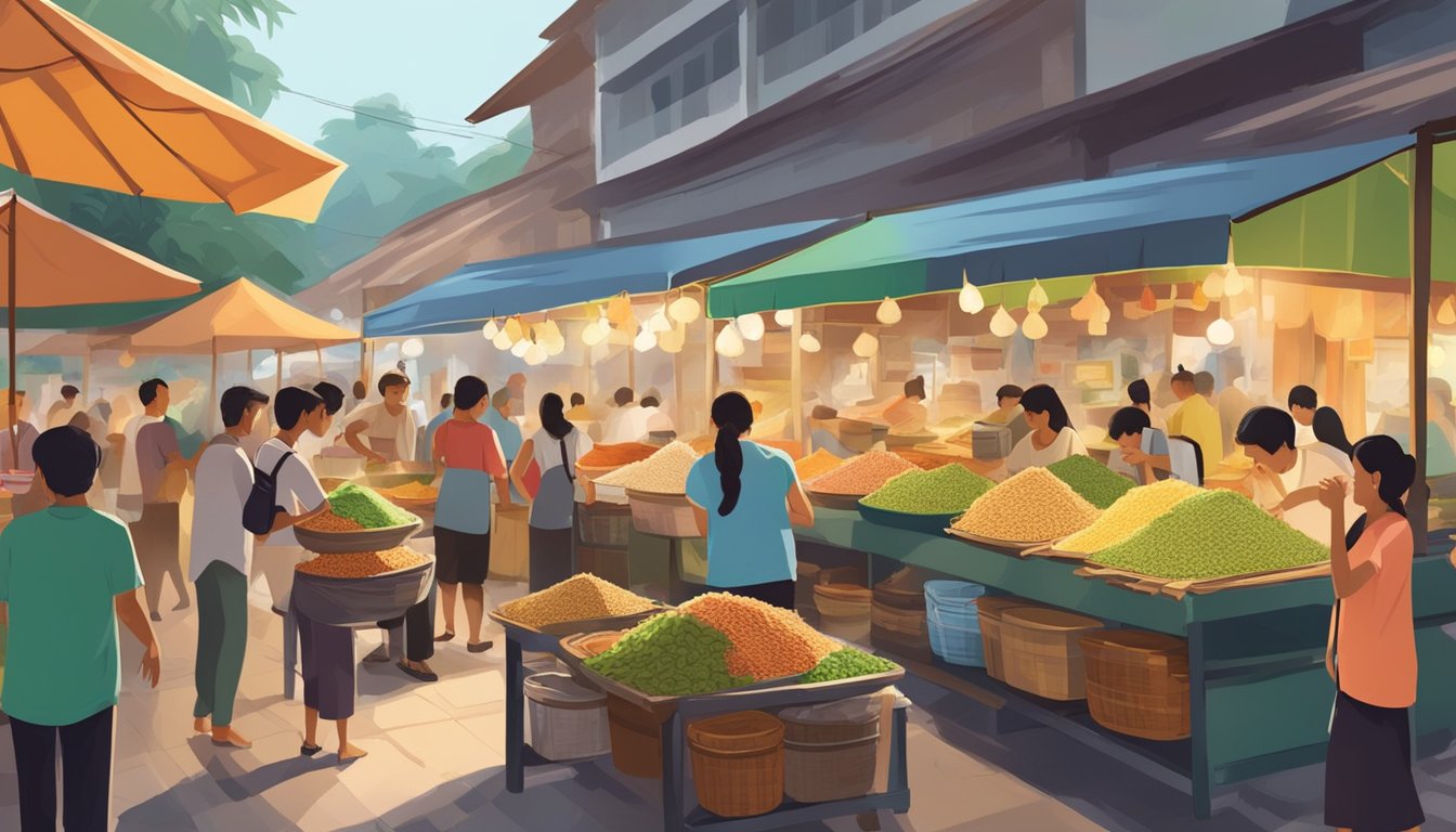 A bustling Singapore market with colorful stalls selling lontong rice, surrounded by eager customers and the aroma of coconut and spices