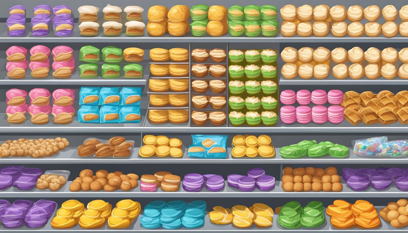 A colorful display of iced gem biscuits on shelves at a Singaporean grocery store, with bright packaging and a variety of flavors