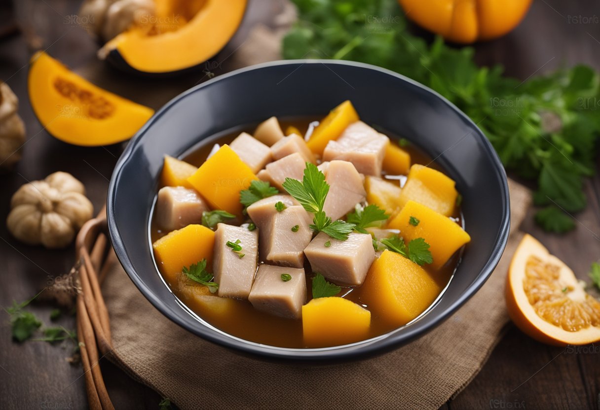 Slices of tender pork and chunks of squash simmer in a fragrant broth, infused with a blend of Chinese spices and herbs