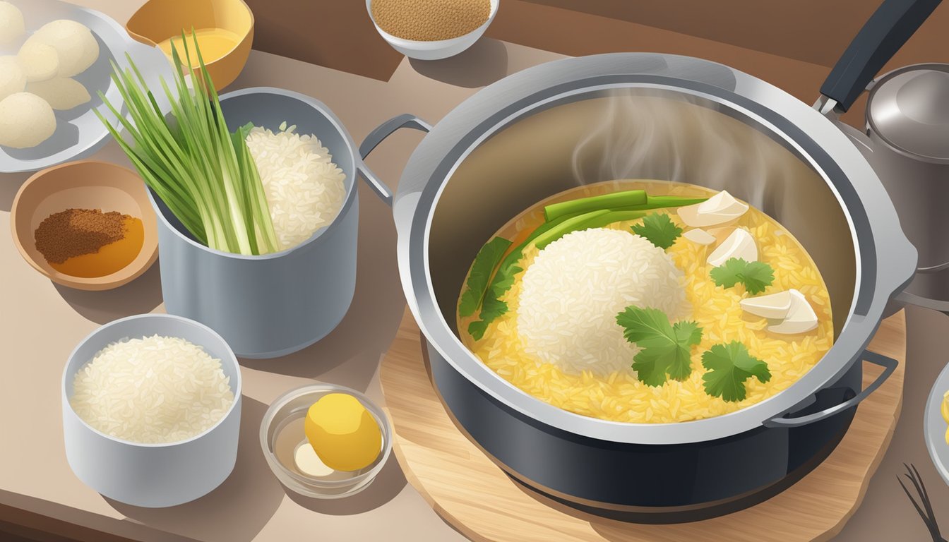 A pot of lontong rice simmers on a stovetop. Ingredients like coconut milk, lemongrass, and spices are laid out on a kitchen counter