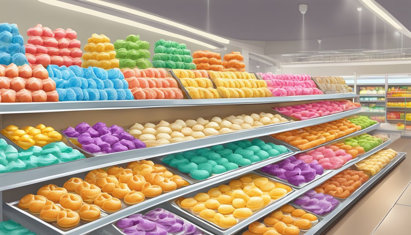 A colorful display of iced gem biscuits on a shelf in a Singaporean grocery store. Bright packaging and various flavors catch the eye