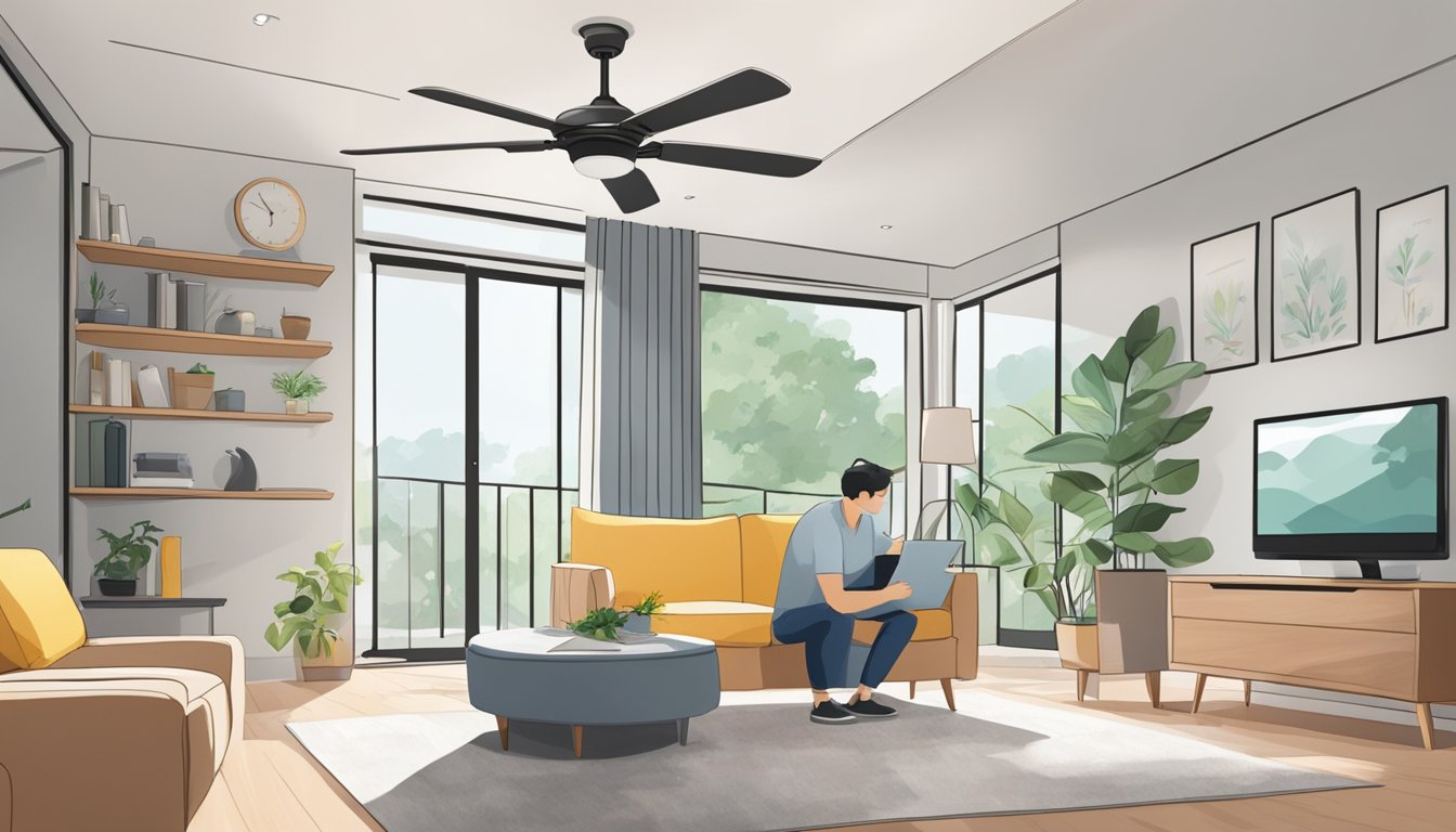 A modern fan being installed by a professional in a Singaporean home