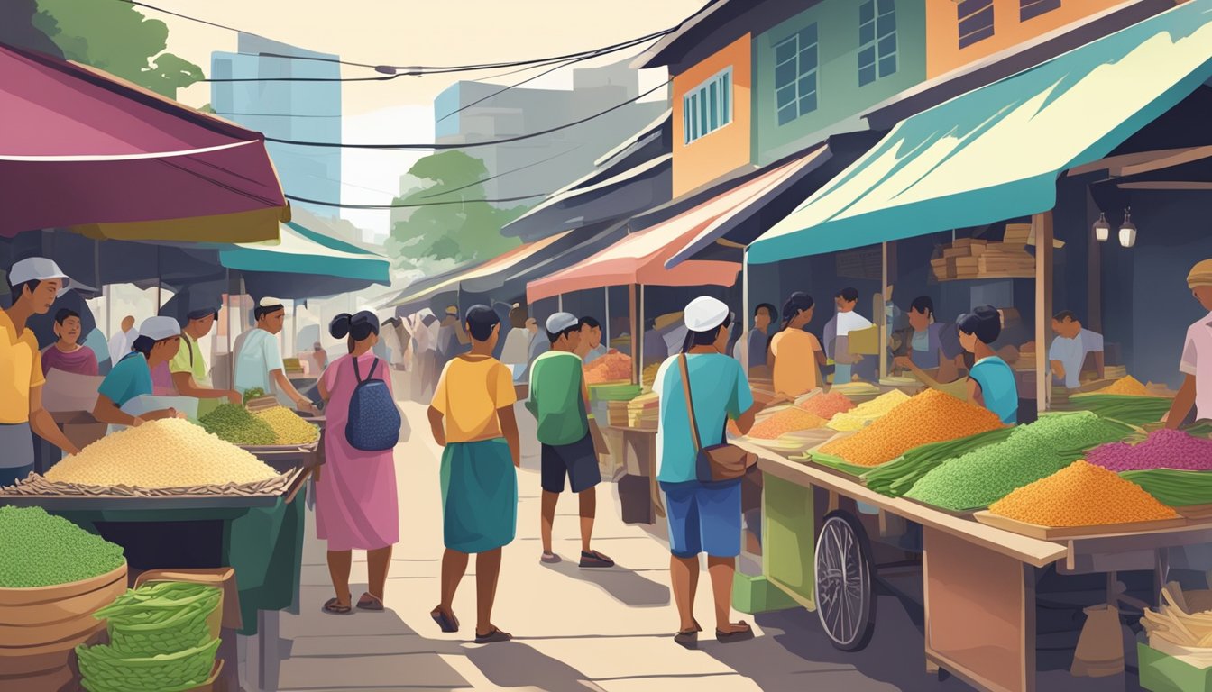 A bustling street market with colorful stalls selling lontong rice in Singapore. Customers and vendors interact, with signs displaying "Frequently Asked Questions: where to buy lontong rice."