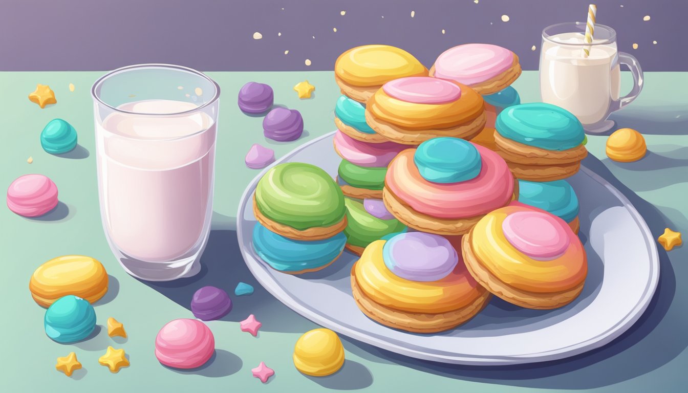 A plate of colorful iced gem biscuits sits on a table, surrounded by a few scattered crumbs. A glass of milk is placed next to the plate