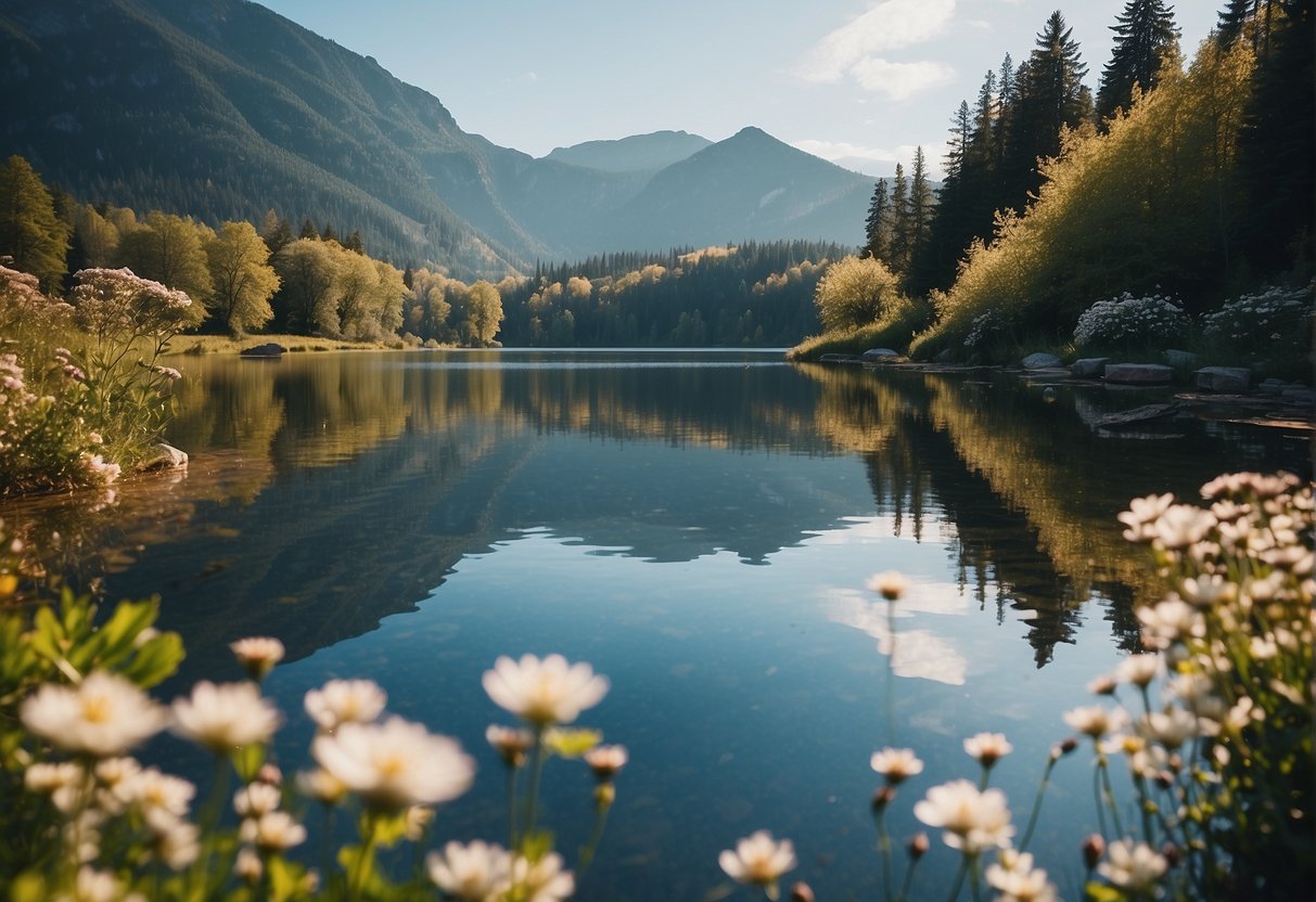 A serene landscape with a calm lake, surrounded by blooming flowers and a clear blue sky. A quote about mindfulness and gratitude is written in elegant calligraphy on a stone nearby