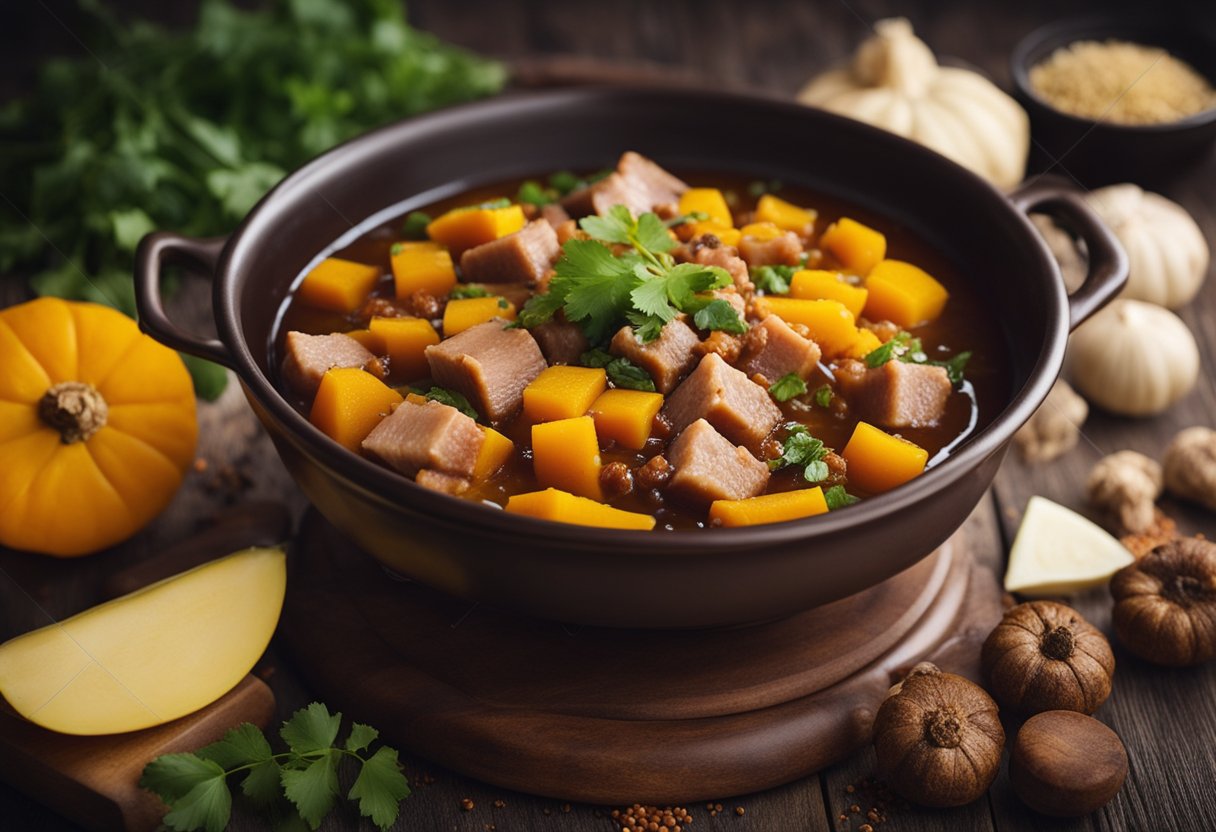 A pot simmering with diced pork, squash, and aromatic Chinese spices. A bowl of alternative ingredients nearby