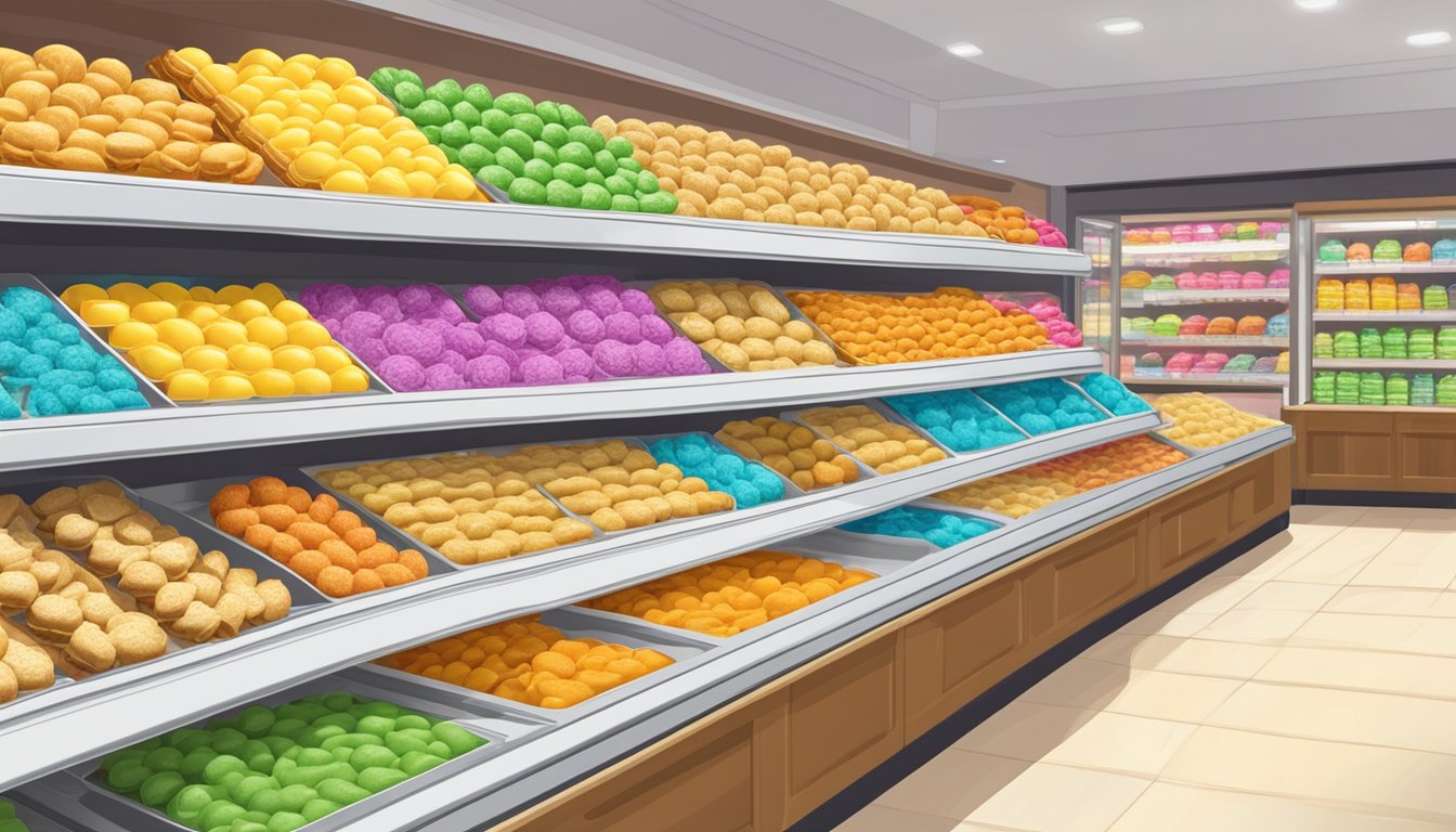 A colorful display of iced gem biscuits on a shelf in a Singaporean grocery store. Bright packaging and various flavors are visible